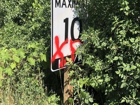 New speed limit signs placed on Prince Edward County's Millennium Trail were recently vandalized. Members of the trail committee said they're disappointed to see someone deface the recently-installed signs.
SUBMITTED PHOTO