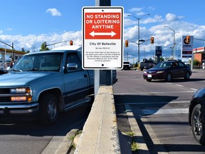 The City of Belleville is taking another run at blocking panhandlers from begging on the southern traffic island of North Front Street and Bell Boulevard intersection by posting a 'No Loitering' warning. As the sign reads, those caught standing or loitering will be fined $50 by city police whose chief, Ron Gignac, earlier this year pledged a crackdown on individuals causing unwelcomed nuisances in Belleville. DEREK BALDWIN