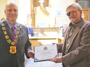 Mayor Mitch Panciuk presented John O'Connor of O'Connor's Jewel Box on Front Street with a certificate in recognition of 63 years of business in Downtown Belleville at Monday's city council meeting. O'Connor's Jewel Box closed this past winter but due to the COVID-19 pandemic the presentation was delayed.
TIM MEEKS