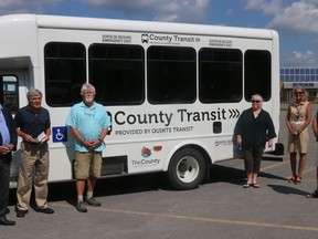 Helping to launch County Transit at Picton's Crystal Palace on Tuesday were (from left) Mayor Steve Ferguson, Brian Beiles, County Foundation president, Coun. Bill Roberts, Shelly Ackers, Quinte Access executive director. Grace Nyman, Community Services & Programs Coordinator, and Coun. Phil St-Jean. BRUCE BELL