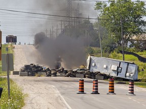 A blockade of Highway 6 at the south end of Caledonia by indigenous protesters remains in place on Saturday.