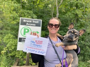 Chantal Markow, of Brantford, participated in this year's virtual Hike for Hospice and received support from her family including Coco, a French bulldog who came along for the walk.