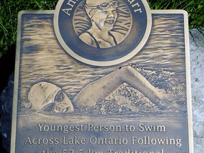 The Annaleise Carr Aquatic Centre in Simcoe will re-open Oct. 5. Pictured is the plaque outside the centre celebrating the achievement eight years ago of the young swimmer from Walsh.  Monte Sonnenberg