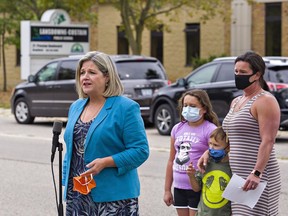 Ontario NDP Leader Andrea Horwath speaks to parents and educators Wednesday morning at Preston Park, opposite Lansdowne-Costain Public School in Brantford. Behind her is Garnet Smith, whose children Palmer, 8, and Branchton, 5 will attend the school. Horwath expressed concerns about the Ford government's plan to send children back to school in September. Brian Thompson