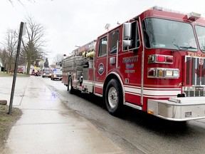 Fire departments across the United Counties of Leeds and Grenville pay tribute to the dedication of health-care workers by circling Brockville General Hospital with lights and sirens blazing on Good Friday morning, 2020. (FILE PHOTO)