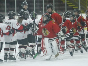 The Brockville Jr. Braves and Osgoode Sens B1 B house teams line up after their 2-2 tie on day one of the Roger Ladouceur Memorial Atom Tournament in Nov. 2019. Regular games will not be permitted as part of stage one of the return-to-hockey plan for minor associations in the region that will run from Oct. 1 to Dec. 18.
File photo/The Recorder and Times