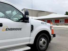 An Enbridge truck is parked at the Maitland firehall on Sunday afternoon. (RONALD ZAJAC/The Recorder and Times)