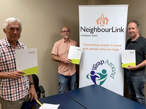 NeighbourLink is a driving force behind trying to bring an Indwell supportive housing project to Chatham to help address the issue of homelessness in the community. Pictured here Wednesday from left is Andrew Hawkins, NeighbourLink staff, Harold VanderEnde, NeighbourLink board chair and chair of local Indwell committee, and Al Baker, network co-ordinator for NeighbourLink. (Ellwood Shreve/Chatham Daily News)