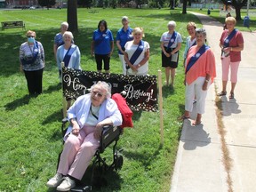 Dorothy Davidson celebrated her 100th birthday on Wednesday with a party in Chatham's Tecumseh Park, which included having her friends from the Blessed Sacrament chapter of the Catholic Women's League, sing her happy birthday. Ellwood Shreve/Chatham Daily News/Postmedia Network