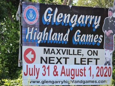 The sign on Highway 138 advertising the Highland Games, but it was pretty quiet in the village this year. Photo on Saturday, August 1, 2020, in Maxville, Ont. Todd Hambleton/Cornwall Standard-Freeholder/Postmedia Network