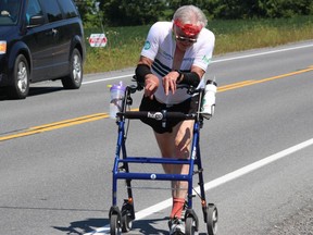 Bob Hardy, heading west toward Alexandria on the Glen Robertson Road, late in his grueling Lumberjack Marathon on the weekend. Photo on Sunday, August 16, 2020, in Alexandria, Ont. Todd Hambleton/Cornwall Standard-Freeholder/Postmedia Network