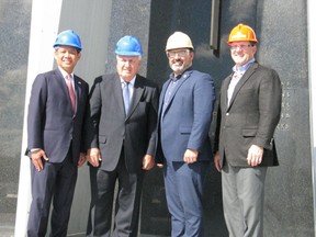 At an anniversary celebration meeting at the middle of the Moses-Saunders Power Dam in the fall of 2017 were (from left), Gil Quiniones (NY Power Authority president/CEO), Judge Eugene Nicandri (NYPA vice chairman), Glenn Thibeault (at the time the Ontario Energy Minister) and Jeff Lyash (at the time the OPG president/CEO). Photo on October 5, 2017, in Cornwall, Ont. Todd Hambleton/Cornwall Standard-Freeholder/Postmedia Network