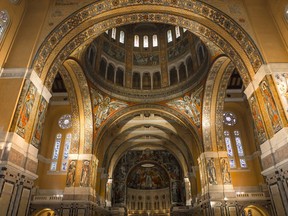 Interiors and architectural details of the Sainte-Therese basilica, built year 1929, in Lisieux, Normandy, France.