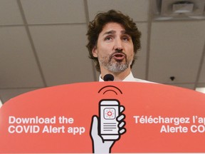 Prime Minister Justin Trudeau holds a press conference recently to tout the new app.