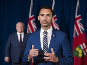 Ontario Minister of Education Stephen Lecce speaks during the daily updates regarding COVID-19 at Queen's Park in Toronto on Tuesday, June 9, 2020. (THE CANADIAN PRESS/Nathan Denette)