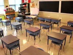 Desks are spaced out in a classroom at St. Martha school in Fort McMurray on Thursday, August 27, 2020. Laura Beamish/Fort McMurray Today/Postmedia Network