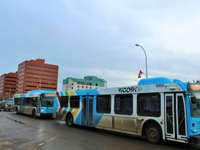 Transit buses drive down Franklin Avenue in downtown Fort McMurray on Saturday January 30, 2016. Vince McDermott/Fort McMurray Today/Postmedia Network
