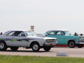 Cars took off at the start line at the Hanna Cruisers Rock N Roll 1/8 mile drag races Aug. 1, 2020, testing their times against others to see who would take each category. Jackie Irwin/Postmedia