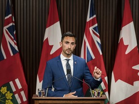 Ontario Minister of Education, Stephen Lecce makes an announcement at Queen's Park in Toronto on Thurday.