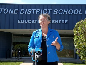 Jessica Silver, the superintendent of education of the Limestone District School Board speaks about the new secondary school schedule outside of the board office in Kingston on Wednesday August 26, 2020.