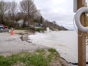 There was barely any sand left at the beach in Bayfield on May 4. Water levels on Lake Huron have caused significant shoreline erosion, with part of the beach's parking lot even crumbling away. Max Martin photo