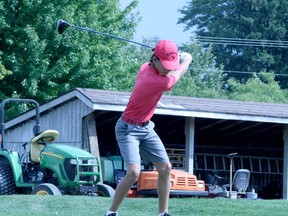 Max Wildfong tees off at Ironwood Golf Club on Aug. 24 during the South Huron Optimist Club's 10th annual Junior Golf Tournament. Wildfong shot a 42 in nine holes to win his age category and qualify for the Midwestern Ontario District Tournament next year. See more coverage inside. Scott Nixon