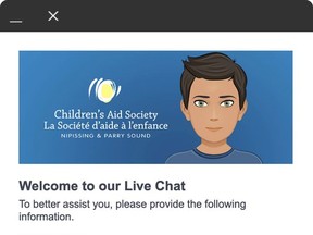 A window offering a live chat service is seen on the ChildrenÕs Aid Society of the District of Nipissing and Parry Sound website. The feature was launched Friday. Screenshot