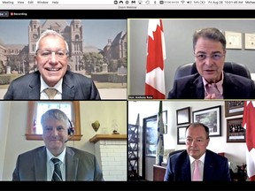 Nipissing Progressive Conservative MPP Vic Fedeli, top left, Nipissing-Timiskaming Liberal MP Anthony Rota, Sault Ste. Marie Liberal MP Terry Sheehan, bottom left, and North Bay Mayor Al McDonald announce new funding for local infrastructure projects during a media conference via Zoom, Friday. 
Screenshot