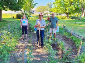 The Champlain Trail Museum and Pioneer Village received a $600 grant from the Community Garden funding under the Social Services Relief Fund by the Ministry of Municipal Affairs and Housing, which was administered by the County of Renfrew. A community garden was created on the museum property and the money was used to purchase tools and signage for the garden. This year the garden is being looked after by Angela Siebarth, museum curator; Bill Siebarth and Dennis Runge. Missing is Dianne Siebarth. The hope is to expand the garden next year and offer plots to members of the community.