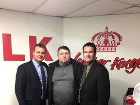 Peter White (centre) was honoured by Pembroke Lumber Kings in 2017. Prior to the ceremony he caught up with former teammates Dale McTavish, Lumber Kings owner at the time, and Brian Downey.