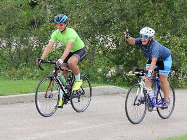 Marianne Carlyle and her son Cameron Carlyle-Locke roll into the Renfrew County Animal Centre in Pembroke on Tuesday, Aug. 25, completing their ride from the animal centre in Brockville in about 10.5 hours. The ride was part of the Ontario SPCA Sweat For Pets fundraiser. Anthony Dixon