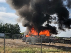 The boat was fully engulfed in flames when Melfort fire fighters arrived at the site. Photo supplied.