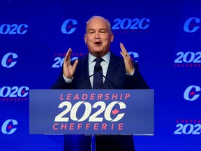 Conservative Party of Canada Leader Erin O'Toole speaks after his win at the 2020 Leadership Election, in Ottawa, Ontario, Canada Aug.24, 2020.