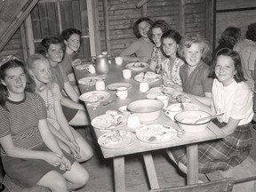 Girls enjoy camp life at Kitchigami. Front to back, left side, are Ruth Elder, Marion Buscher, Mary Jean Elder, and Madeleine Williams; right side, Marilyn Elliott, Juneve Reid, Helen Bastendorf, Margaret Farr and Mary Ellen Hammond.
(STRATFORD-PERTH ARCHIVES)