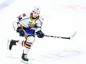 Nick Porco, in Ontario Hockey League action with the Barrie Colts. The Sault Ste. Marie product is looking ahead to a big 2020-2021 season with Barrie after joining the Colts in a trade with the Saginaw Spirit during the 2019-2020 campaign. GETTY IMAGES
