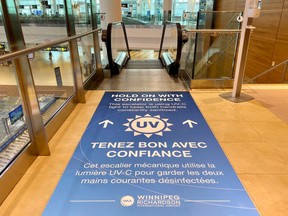 A new high-tech handrail sterilizer in the Arrivals Hall of the Winnipeg Richardson International Airport has been installed. Handout