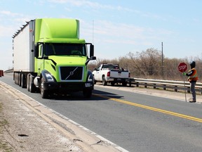 Traffic on the Highway 40 overpass bridge, south of Confederation Street in Sarnia, is shown reduced to a single lane during work Ontario's Transportation Ministry was carrying out in May 2020 to repair the underside of the structure. The ministry said planning continues on a future project to replace the overpass bridge. (Paul Morden/The Observer)