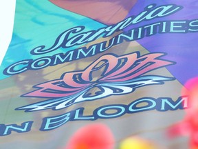 A Communities in Bloom banner pictured in Sarnia's downtown. The city's Communities in Bloom committee is paying for a new LED sign in Canatara Park.