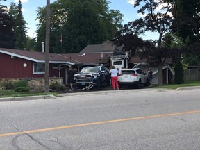 Sarnia police are investigating after a car crashed into a house near the intersection of Lakeshore Road and Christina Street in Sarnia Saturday evening. Police said one person was taken to hospital. (Photo submitted by Carrie Beauchamp)