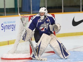 Sudbury Lady Wolves goaltender Mireille Kingsley warms up for Esso Cup semifinal action against the Stoney Creek Sabres at Gerry McCrory Countryside Sports Complex in Sudbury, Ontario on Friday, April 26, 2019.