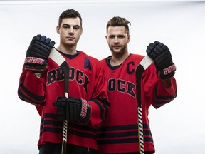 Jeff Corbett, left, and Brody Silk played together for nine years, first with the Sudbury Wolves of the OHL, then the Brock Badgers of the OUA, before joining different professional teams in France this past season. Brock Athletics photo