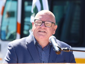 Greater Sudbury Mayor Brian Bigger makes a point at a joint federal, provincial and municipal funding announcement for public transit projects in Sudbury, Ont. on Thursday August 6, 2020.