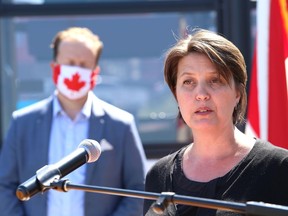 Michelle Ferrigan, director of transit services for Greater Sudbury, makes a point at a joint federal, provincial and municipal funding announcement for public transit projects in Sudbury, Ont. on Thursday August 6, 2020. Almost $100 million will be provided by the three levels of government.