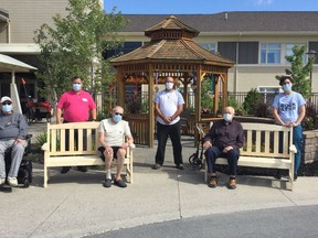The Carpenters and Allied Workers Union Local 2846 has donated benches to Villa St. Gabriel Villa. Residents will have the opportunity to finish the benches as an activity and then they will be used on the grounds at Villa St. Gabriel Villa. From left, front: Bob Neveu, Sandy Maclennan and Florian Castonguay, residents at Villa St. Gabriel Villa. From left, back: Ray Ingriselli, Site Administrator, Rheal Gelinas from the Carpenters and Allied Workers Union Local 2486, and LEA Kailey Parsley. Supplied