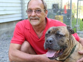 Volunteer Gary Bassett visits with Otis, 9, a mastiff mix, at Pet Save Sudbury in Lively, Ont. on Monday August 10, 2020. To view Otis or any of the dogs and cats available for adoption at Pet Save, call 705-692-3319. Pet Save also has dog walking times available from 11 a.m. to 4 p.m. seven days  a week.