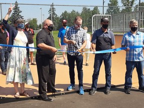 Ward 9 Coun. Deb McIntosh, Mayor Brian Bigger, Jason Marcon, Felix Lopes Jr., and Ryan Purdy gathered for a ribbon-cutting ceremony to officially open the new Coniston Skate Park, located at 8 Government Road across from Toe Blake Memorial Arena, on August 14. Colleen Romaniuk