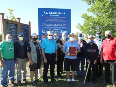 A sign dedication ceremony was held at St. Stanislaus Cemetery near Lively, Ont. on Wednesday August 19, 2020. The City of Greater Sudbury erected the sign to recognize the many years of work done at the cemetery by volunteers and friends of Knights of Columbus Council 3909. Council 3909 transformed the land into 'a place of tranquility' by adding 12 gardens, planting more than 60 trees, adding a gazebo and installing a large sign at the cemetery entrance identifying St. Stanislaus Cemetery. A group of volunteers and friends of the Knights of Columbus maintain the gardens. The cemetery was relocated from Cinottiville, a former village located in the northeast corner of Waters Township on what was then Highway 17 West just past the Copper Refinery, to the current location donated by Inco Ltd. in 1970. John Lappa/Sudbury Star/Postmedia Network