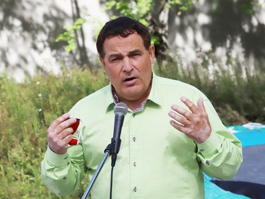 Nickel Belt MP Marc Serre makes a point at Fridays For a Future Sudbury celebration of the second anniversary of Greta Thunberg's school strike for climate at the courtyard of Tom Davies Square in Sudbury, Ont. on Friday August 21, 2020. The event included a Shoe Strike, Parachutes for the Planet, Bollywood dancing, a Zoom broadcast and speeches from youth environmental activists and federal and provincial politicians. John Lappa/Sudbury Star/Postmedia Network