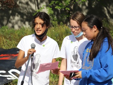 Local environmental activists Sophia Mathur, left, Jane Walker and Maggie Fu participated in Fridays For a Future Sudbury celebration of the second anniversary of Greta Thunberg's school strike for climate at the courtyard of Tom Davies Square in Sudbury, Ont. on Friday August 21, 2020. The event included a Shoe Strike, Parachutes for the Planet, Bollywood dancing, a Zoom broadcast and speeches from youth environmental activists and federal and provincial politicians. John Lappa/Sudbury Star/Postmedia Network