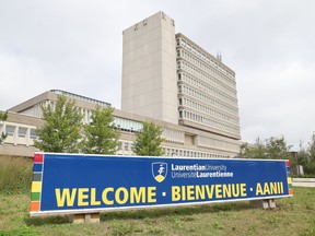 A sign has been erected welcoming back students in three languages at Laurentian University in Sudbury, Ont. on Monday August 24, 2020.